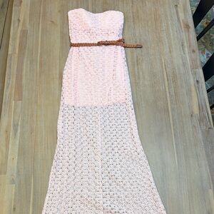 Ya Los Angeles Strapless Pink Lace Dress with Brown Belt